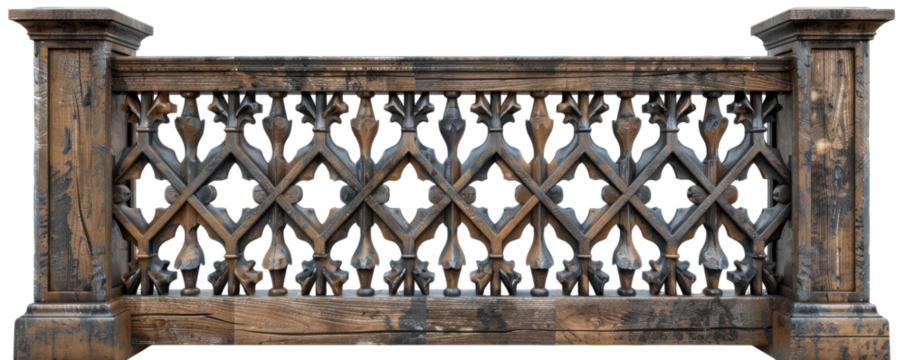 Realistic of a decorative wooden fence with intricate lattice designs and natural wood tones
