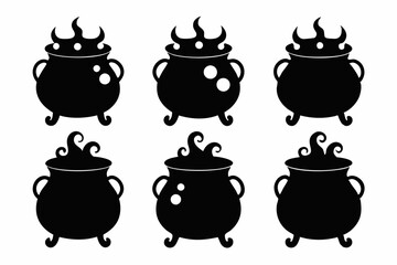 Set of black silhouettes of Halloween witch cauldrons, witch cauldron silhouette vector, witches black cauldron with boiling magic potion isolated on white background
