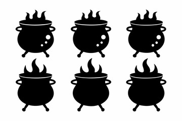 Set of black silhouettes of Halloween witch cauldrons, witch cauldron silhouette vector, witches black cauldron with boiling magic potion isolated on white background
