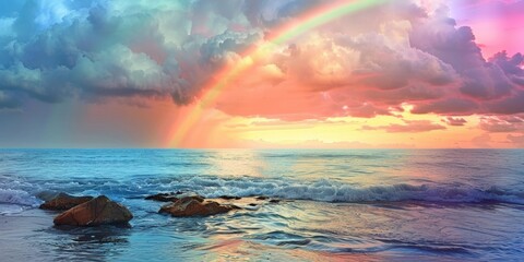Fototapeta premium Surreal Coastal Scene with Rainbow Sky in Paradise, Nature's Beauty, AI-Generated High-Resolution Wallpaper