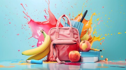  A well-lit scene showcasing a collection of school supplies, including a decent bag, a book, a pen, a pencil, an apple, and  bananas, all set against a backdrop of vibrant splashes. 

