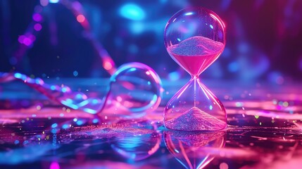 Colorful abstract image of a glowing pink hourglass with dynamic lights and reflections, representing the concept of time and passage.