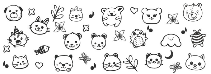 Cute doodle icon set, vector cartoon baby Adorable  animals sticker, Leaves, Butterflies, and Hearts. Funny kids illustration kit, pen line scribble sketches  for Children Designs, and Decor
