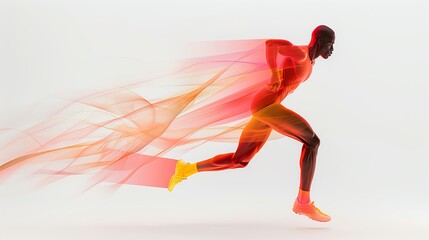 Fototapeta premium A runner in a red and yellow uniform is running at top speed. The runner's muscles are visible through the uniform. The background is white.