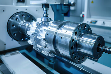 Fototapeta premium The CNC lathe machine forming cutting the metal shaft parts. 