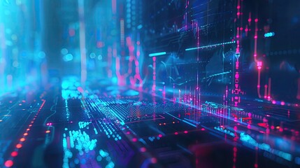 Obraz premium Futuristic digital interface with glowing blue and pink data points, representing advanced technology and cybersecurity concepts.