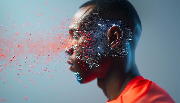 Portrait of a man with red and blue particles flowing from his face.
