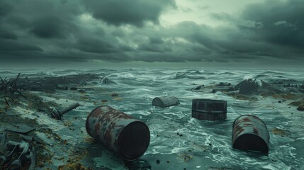 A haunting view of a nuclear polluted ocean, with murky greenish water, dead fish 