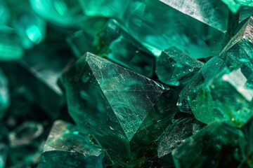 A close-up macro photograph of a radiant emerald crystal highlighting its intricate facets and deep green hues