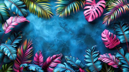 Naklejka premium Vibrant tropical leaves in pink and blue hues, creating an exotic, colorful background with a deep blue texture.