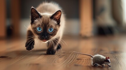 a Siamese cat chasing a toy mouse 