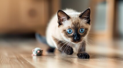 a Siamese cat chasing a toy mouse 