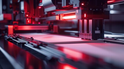 Closeup of automated machine working on paper with red lights for business document processing in office environment