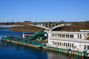 A pier with pleasure boats on the Oka River in Nizhny Novgorod in the spring