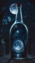 Fantasy moon inside a bottle at night