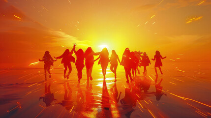 Group of people running towards a vibrant sunset on the beach, reflecting on the wet sand, creating a dynamic and energetic scenery.