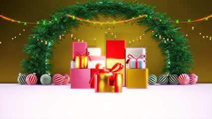 christmas tree branch with gifts and light blub  background 3D rendering