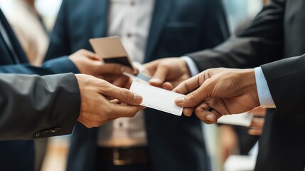 A professional networking event where people are exchanging business cards.