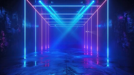 dark abstract background with blue neon lines and spotlights