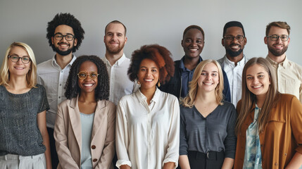 A diverse group of employees, showcasing different ages, genders, and ethnicities, emphasizing inclusivity and teamwork. 