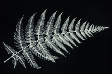 Close-up x-ray of fern leaf, showcasing intricate veins against black. Midrange angle shows delicate frond details