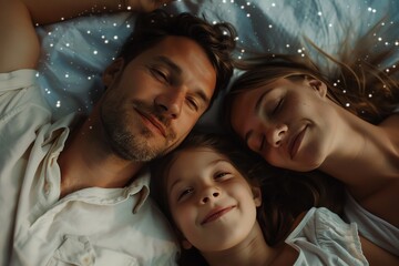 A happy family of three is lying on a blanket in the grass. They are looking up at the stars. The father has his arm around the mother and the daughter is snuggled up between them.
