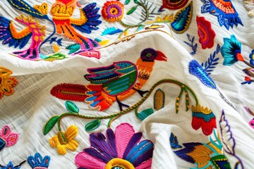 Fototapeta premium A close-up shot showcasing the intricate and colorful details of Otomi embroidery, featuring birds and flowers on a white fabric background