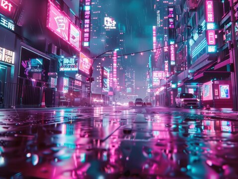 Futuristic city with neon glowing billboard at street. Cyberpunk background. Created with Generative AI