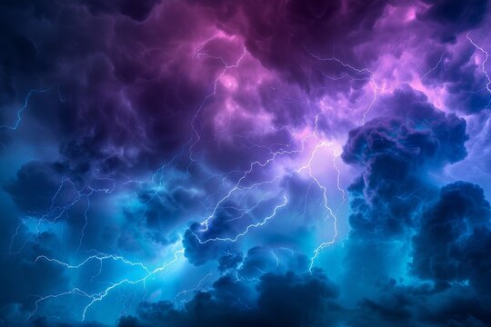 A vibrant and vivid lightning strike illuminates the stormy sky with hues of purple and blue, creating a breathtaking spectacle