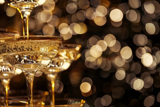 A glamorous closeup of a champagne tower at a lavish gala event with sparkling golden bokeh lights in the background