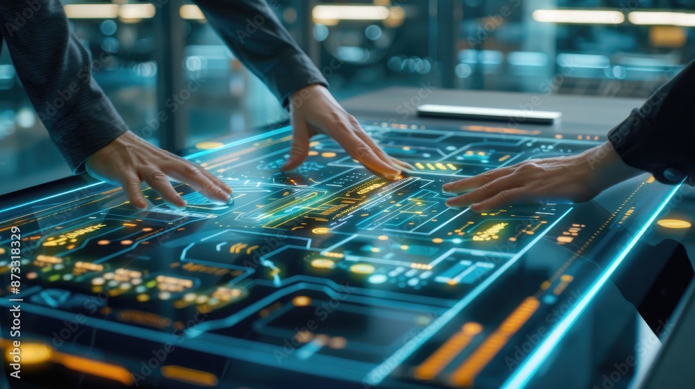 Poster two hands interact with a glowing digital interface table, navigating through data and information