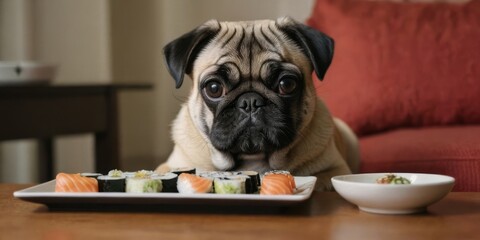 A pug dog sits at a table and stares intently at a plate of sushi in front of it