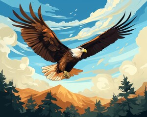 Obraz premium Eagle swooping powerfully flat design front view open sky animation vivid