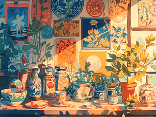Fototapeta premium This is a painting of a table with a variety of vases and pots, each with different designs and colors.