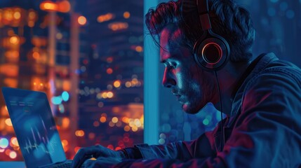 Man online office male technology computer working business laptop person businessman young earphones