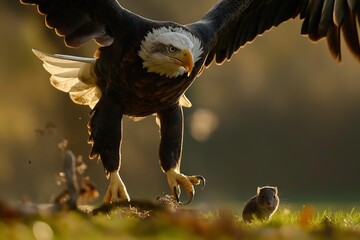 Bald eagle about to catch a little mouse on the ground, backlight photography, FHD, high resolution.