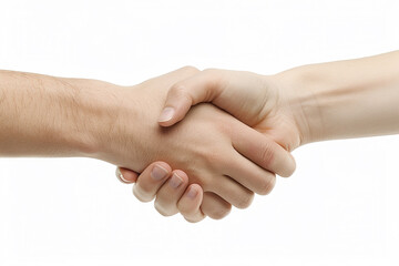 Two people's hands shake in a close-up shot against a white backdrop.