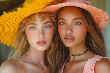 Two Beautiful Women Posing Together Outdoor with Summer Hats Beauty Concept