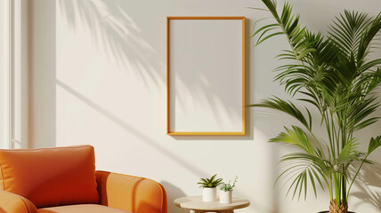 A minimalist bright interior showcasing a mockup picture frame on a white wall, with an orange armchair, a small round table, and a lush green houseplant