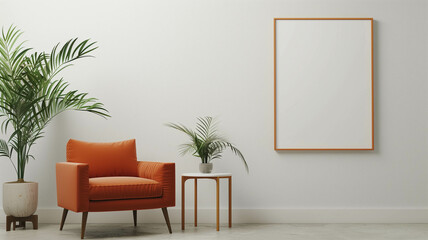 A minimalist bright interior showcasing a mockup picture frame on a white wall, with an orange armchair, a small round table, and a lush green houseplant