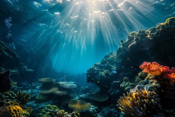 Fototapeta premium A tranquil underwater scene showcasing a vibrant coral reef, illuminated by the dappled sunlight filtering through the clear water