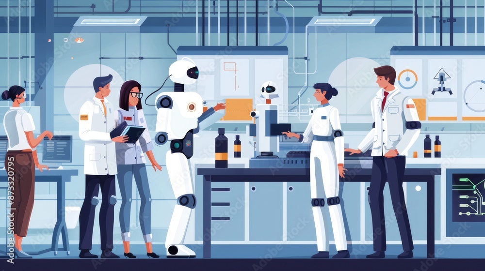 Poster in a stateoftheart technology lab, engineers are working with a humanoid robot as part of a collabor