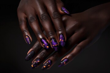 A close-up view of a Black woman's hands showcasing perfectly manicured nails with a Halloween-themed purple and orange polish design