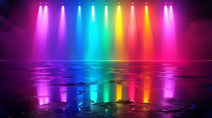 Rainbow neon light product background stage on reflective water floor with colorful glow spotlight, in vibrant style