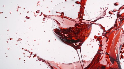 Fototapeta premium Red wine pouring into glass with splash on white background for artistic beverage advertisement or travel blog concept