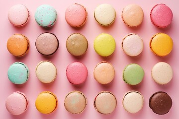 Obraz premium A vibrant flat lay of macarons arranged in neat rows against a pastel pink background