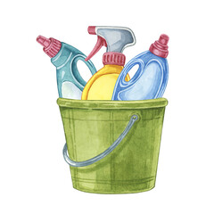 Green bucket filled with various cleaning supplies, including spray bottles, brushes, and sponges. Watercolor clipart for cleaning service logos, household product packaging, and cleaning tip articles