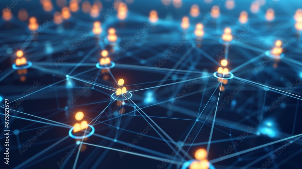Aufkleber Social media network concept with user icons linked by glowing lines on a dark blue background