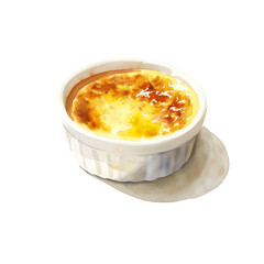Watercolor illustration of creme brulee on white background