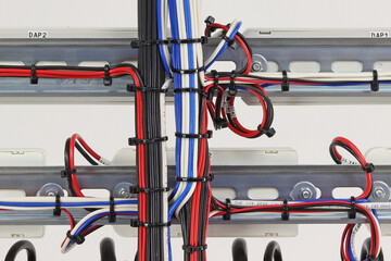 Connection of modules in an electrical distribution cabinet with electrically insulated wires connected with plastic ties.